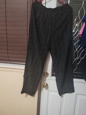 Women's Black Elastic-Waist Joggers with Silver Pinstripe